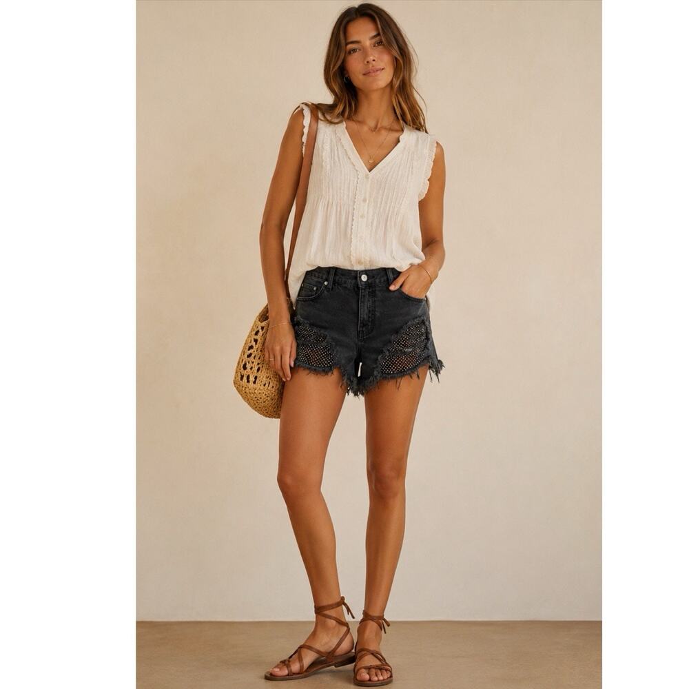 NWT Anthropologie Pilcro Jewel Mesh Denim Shorts Size 29 Distress Festival Rave
